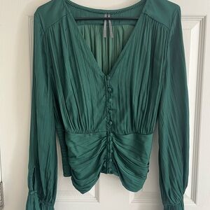 Anthropologie Emerald Green Blouse with Button Detail and Bell Sleeve